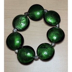 Vintage Green Dichroic Beads Silver Accents Stretchy Bracelet 8”